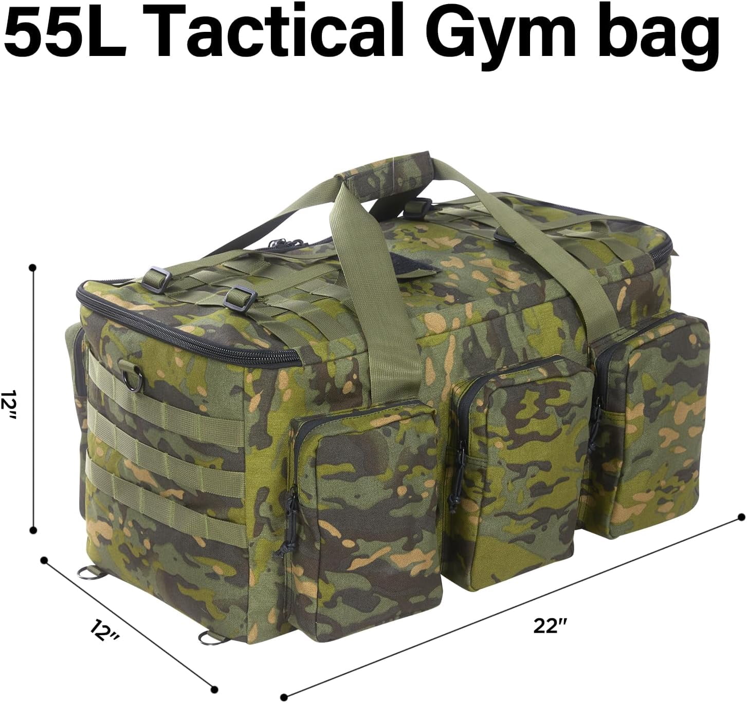 LuckySunDecorQZ 55L luggage bag with compartments and straps, suitable for men, large-sized sports and fitness luggage bag, suitable for weekend travel and camping(Camo Green)