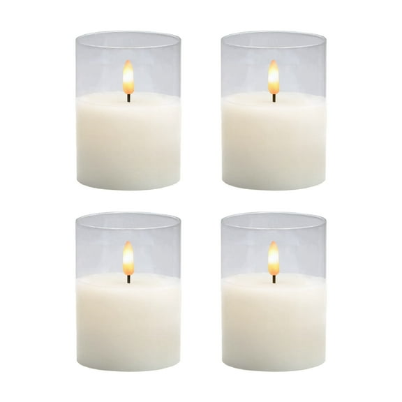 Battery Operated 3D Wick Flame LED Candles in Clear Holders - Set of 4 (Amber)