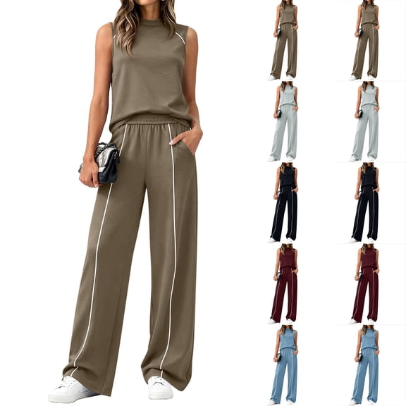 Womens 2 Piece Lounge Set Summer Travel Outfits Sweatsuit Mock Neck Tank Top Wide Leg Pants with Pockets Casual Activewear Black M