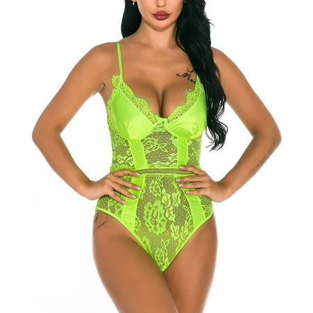 

DENGDENG Women s Bodysuits Spaghetti Strap Eyelash Lace See Through Lingerie Sexy Floral Teddy