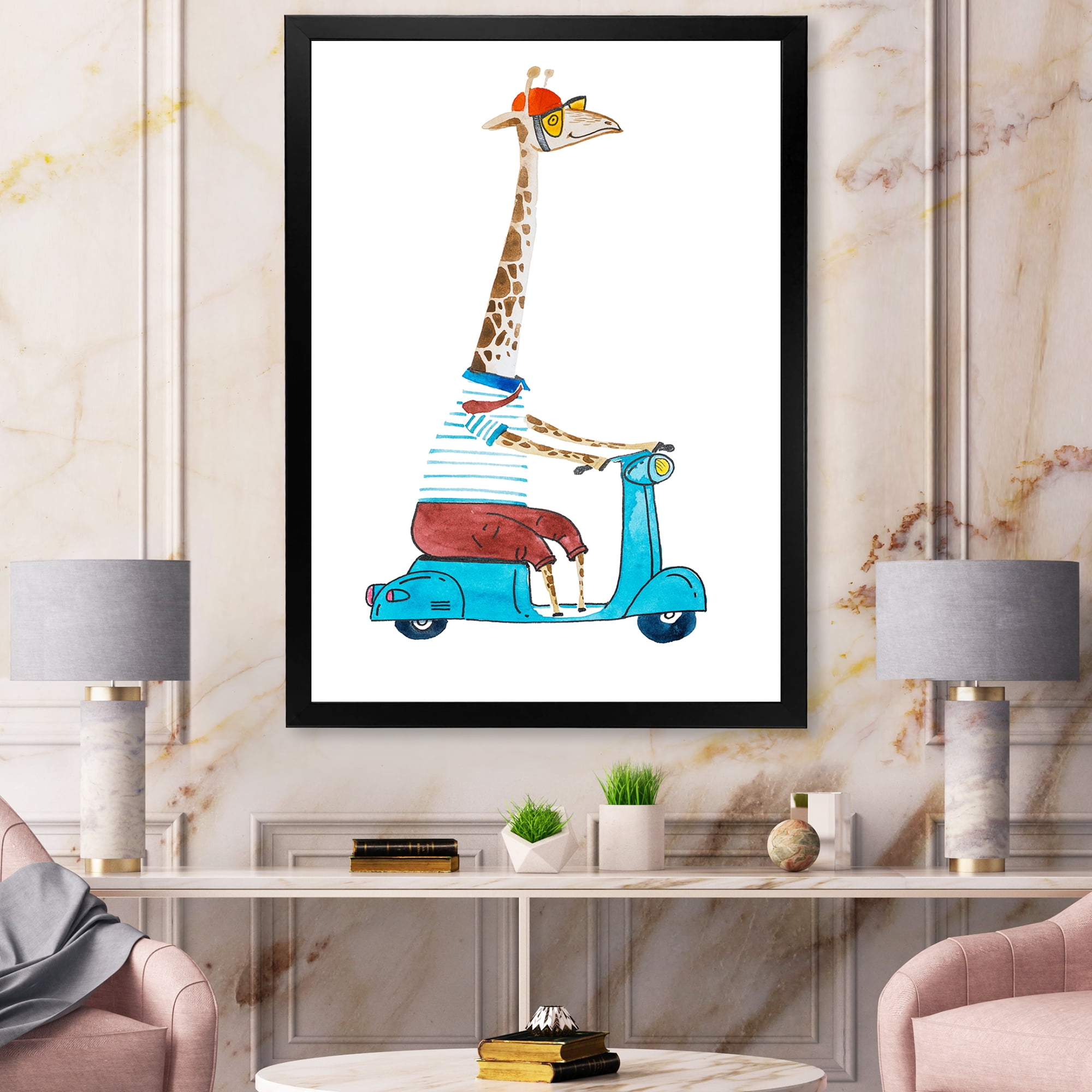 Designart 'Giraffe Dressed Up Wearing Helmet & Riding Blue Scooter' Children's Art Framed Art Print