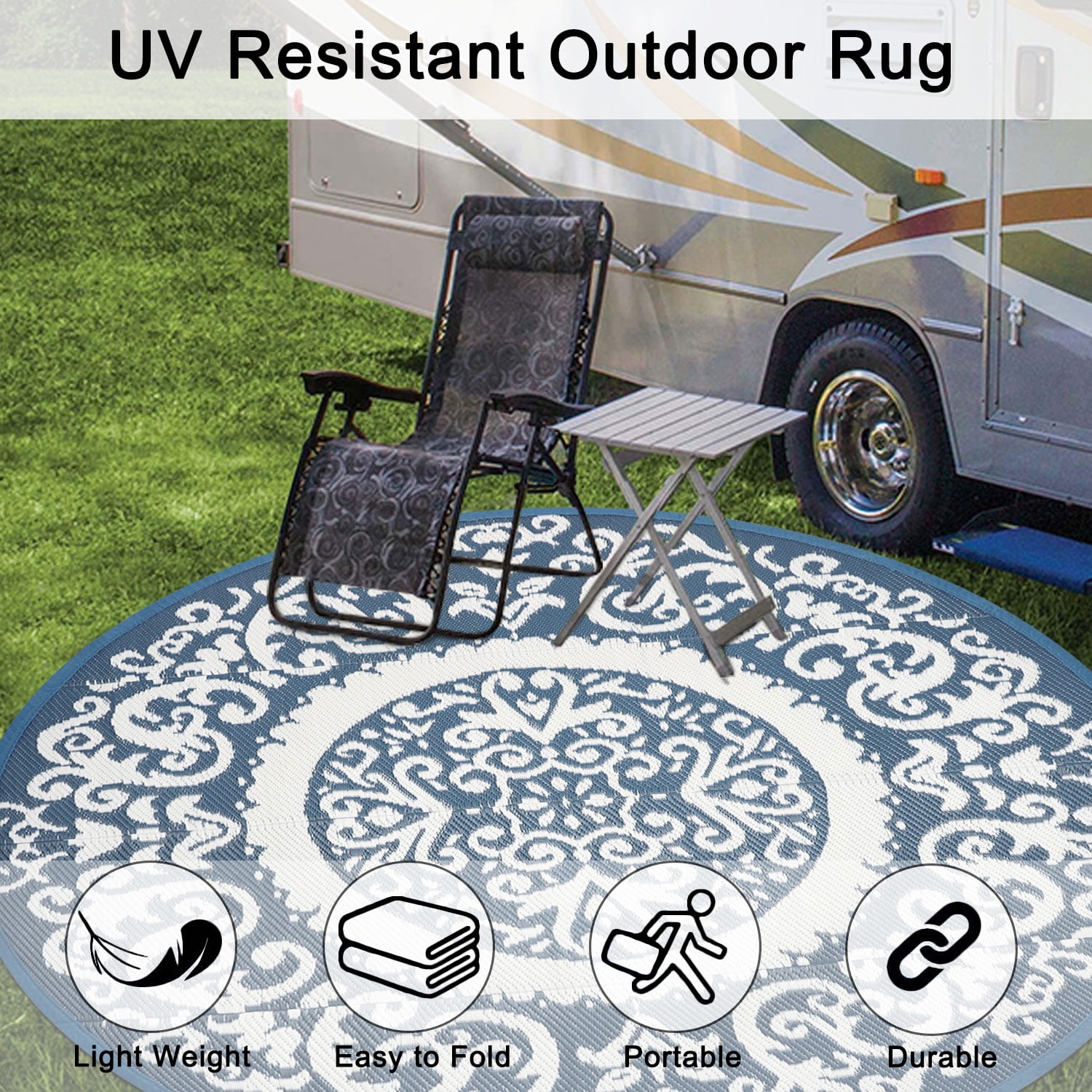 Aonewoe Round Outdoor Rugs 8Ft Waterproof Patio Plastic Straw Rug Reversible Camping Carpet Indoor Outdoor Area Rug for Patio,Deck,Balcony,Picnic,Beach,Outside