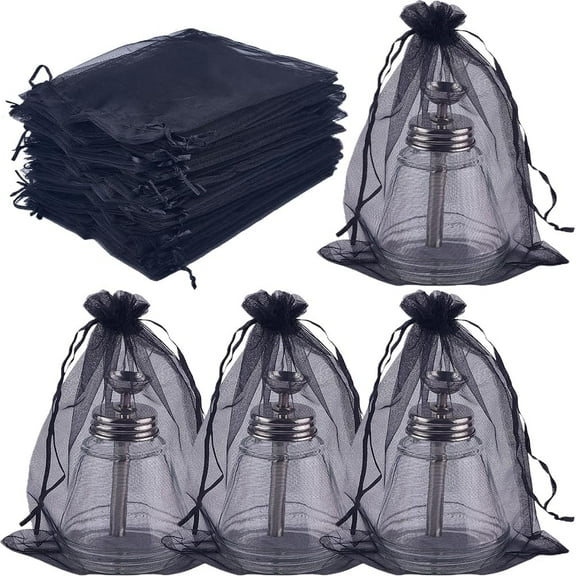 50pcs 8x6 inch Large Black Mesh Gift Bags Large Organza Bags Bulk Medium Premium Organza Sheers Package Bag with Drawstring for Holiday Festival Birthday Party Favors Gifts Black