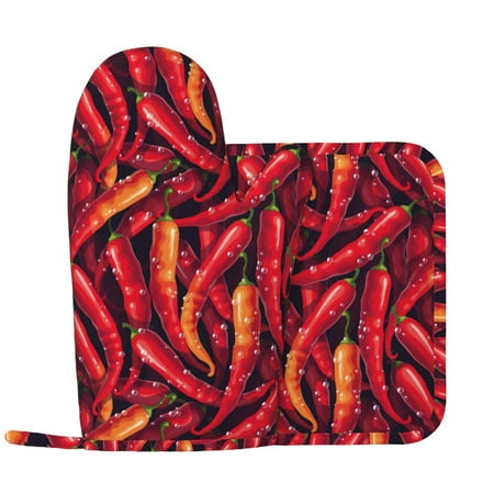 

Oven Mitts and Pot Holders Sets - Chili Pepper water droplets Heat Resistant Silicone Oven Gloves (Left Glove) with Non-Slip Silicone Surface and hot pads for kitchen Baking Cooking