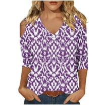 Fancifize Womens Cold Shoulder Tops 3/4 Sleeve V Neck Print Shirts Casual Going Out Blouses Outfit Fall Loose Shirt