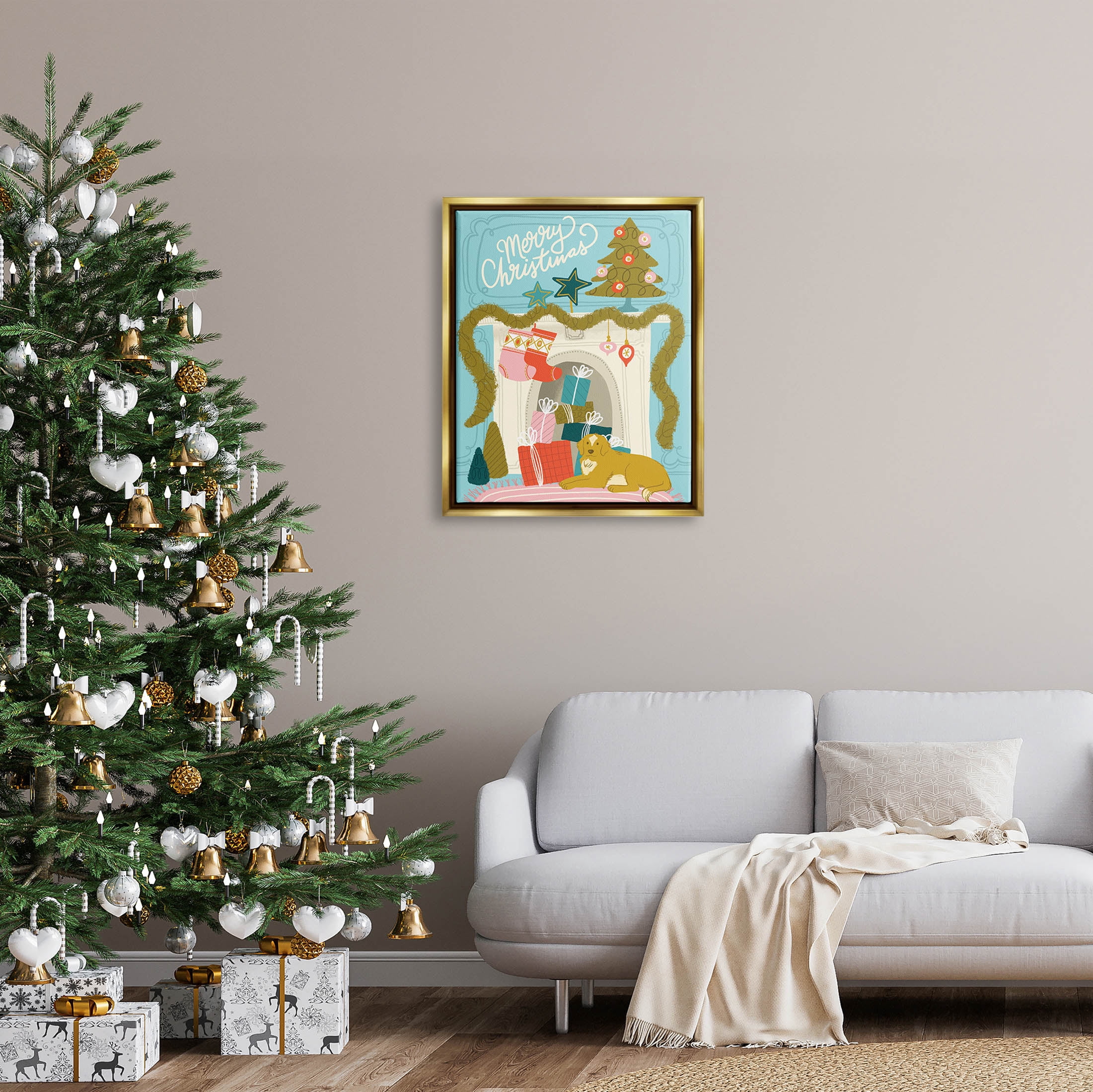 Stupell Industries Whimsical Fireplace Merry Christmas Graphic Art Metallic Gold Floating Framed Canvas Print Wall Art, Design by Kristina Hultkrantz