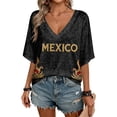 thumbnail image 2 of Mexico 2026 Soccer Cup Style V-Neck Tunic for Women, Short Sleeve Loose Fit Top with Gold Letter & Flame Graphic, Lightweight Breathable Jersey, 1 PC Black L, 2 of 5