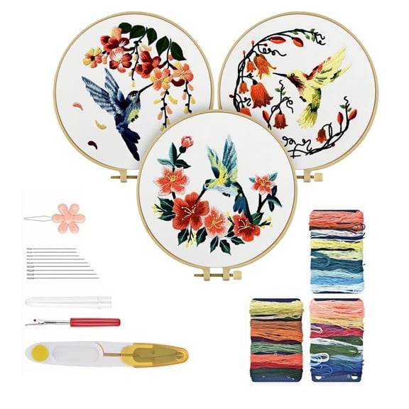 WuPing 3 Pack Hummingbird and Flower Embroidery Kit for Adults Beginners and Advanceds