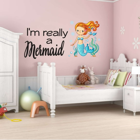 I'm Really A Mermaid Cute Starfish Fish Wishes Mermaids Vibes Seahorse Statfish Princess Fish Queen Sweet Dreams Bedtime Unicorn Lovely Dream Wall Decal Sticker - Size: 40 In X 20 In