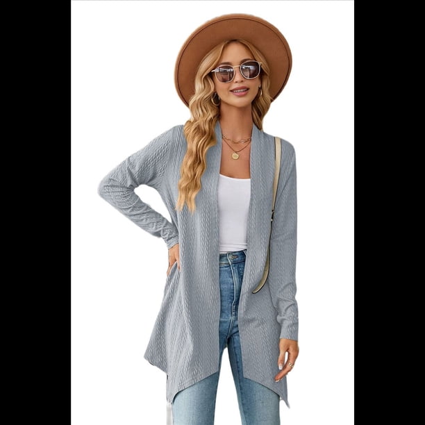 Cárdigan para Mujer, Elegante, Informal, de Larga, Abierto, Gris, Azul, Talla M