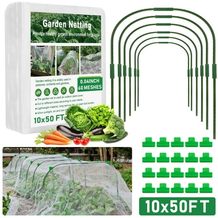 GonLei 10x 50FT Garden Mesh Netting Kit Raised Beds (6 Pcs Garden Hoops & 18 Clips) Garden Hoops Plant Netting Protection Row Covers Berry Bush Truit Trees Vegetables Grass Seed Barrier Net C99