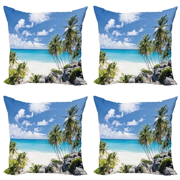 Ambesonne Tropical Throw Pillow Cover 4 Pack, Barbados Beach Ocean, 24", Multicolor