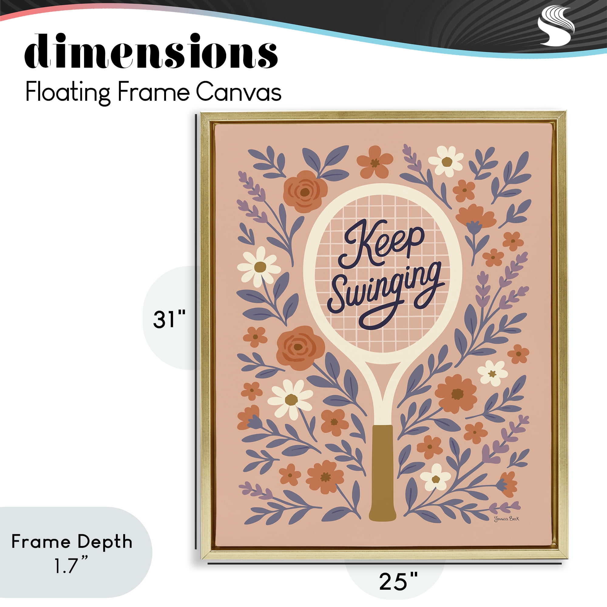 Stupell Industries Keep Swinging Floral Tennis Gold Framed Floater Canvas Wall Art, design by Jessica Beck