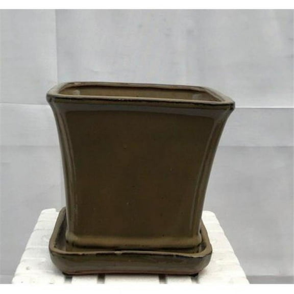 7.5 x 7.5 x 7 in. Olive Green Ceramic Bonsai Pot with Attached Humidity & Drip Tray, Square