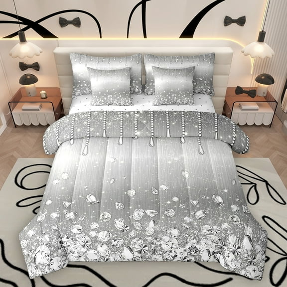 Homewish Chic Diamond 7-Piece Twin Bedding Sets,Glitter Print Bedding Comforter Set,Gray Silver Sheet Sets For Girls Kids,Super Cozy Room Decor