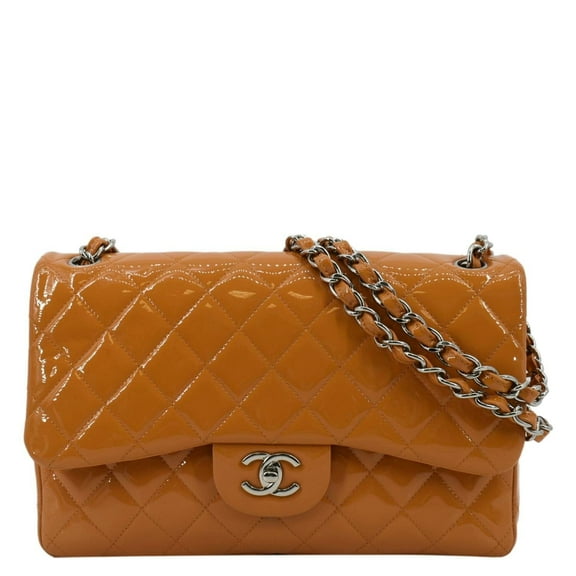 Pre-Owned CHANEL Classic Jumbo Double Flap Quilted Leather Shoulder Bag Orange