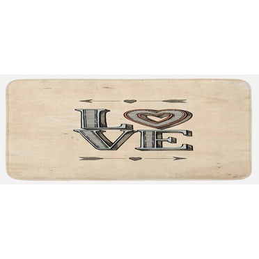 Love Kitchen Mat, Grunge Looking Vintage Letters Heart and Arrows Boho Tribal Hipster Design, Plush Decorative Kitchen Mat with Non Slip Backing, 47" X 19", Beige Grey Orange, by Ambesonne