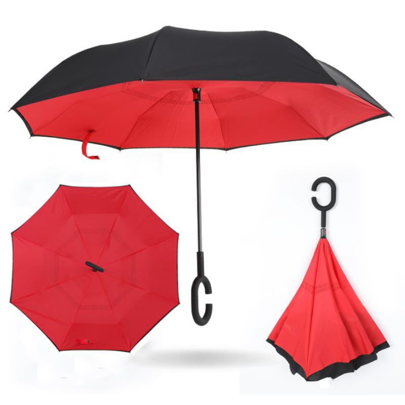 Reverse Umbrella Windproof C-Handle Double Layer Pocket Inverted Upside Folding 