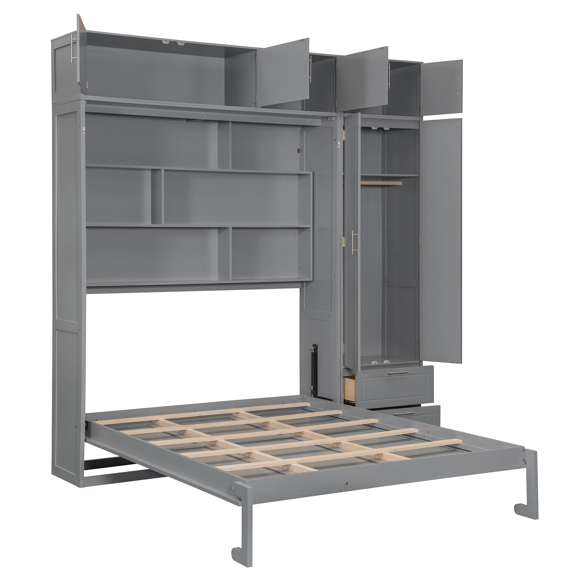 Mintazer Queen Size Murphy Wall Bed with Cabinets & Open Bookshelf, All-in-One Foldable Cabinet Bed with Side Wardrobe & 2 Storage Drawers for Small Apartment Guest Room Home Office, Gray