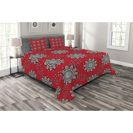 Red Mandala Bedspread Set Sketchy Leaves Swirl Ivy Victorian Mesh