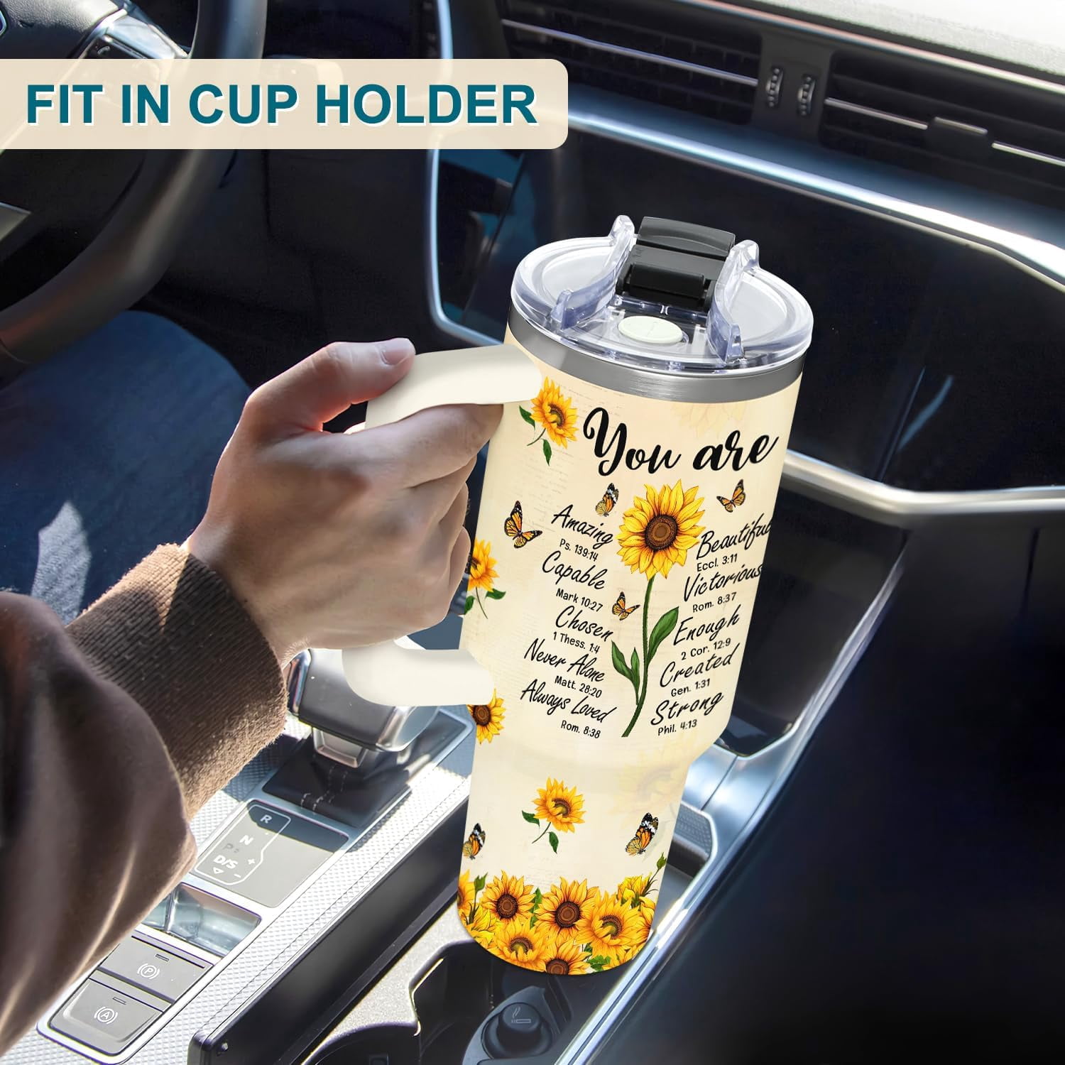 Sunflower Gifts for Women - Christian, Religious Gifts for Women - Encouragement Gift for Woman on Birthday, Mothers Day, Christmas - Sunflower Tumbler 40 oz with Handle & Straw
