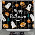 thumbnail image 1 of Festive Halloween Shower Curtain with Ghosts & Pumpkins - "Happy Bathroven" Design, 1 of 4