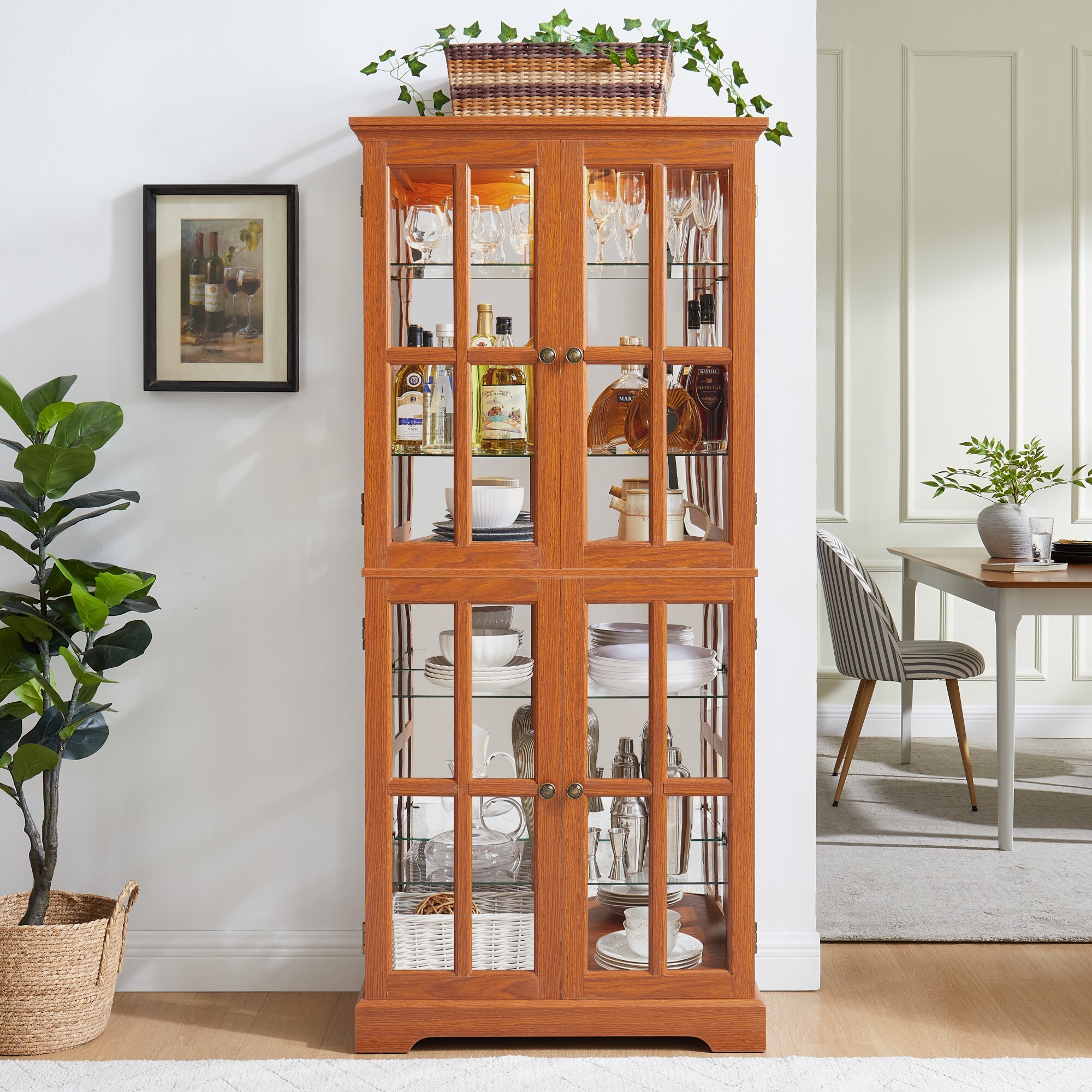 AENKYO Antique Glass Display Case with E26 Bulb & Adjustable Shelves - Elegant Curio Cabinet for Living Room, Dark Oak