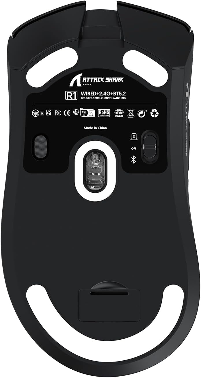 ATTACK SHARK R1 SUPERLIGHT Mouse with Tape, PixArt PAW3311 Gaming Sensor, BT/2.4G Wireless/Wired Gaming Mouse, 6 Adjustable DPI up to 18000, 65 Hrs Battery, Office Mice for Win11/Xbox/PS/Mac