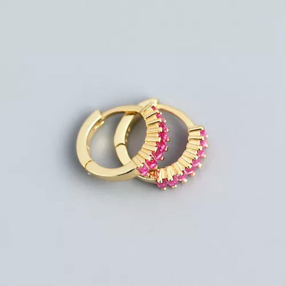 EOEMY Small Sterling Silver Baguette Cz Zirconia Boho Huggie Hoop Earrings A4137-J - Gold With Pink Stone