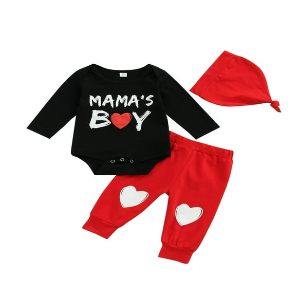 Infant Baby Boy Valentines Day Clothes Long Sleeve Mamas Boy Letter Print Bodysuit Romper Heart Pants Hat 3PCS Set
