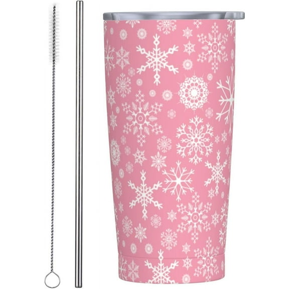 Christmas Snowflakes 20oz Travel Tumbler With Lid And Straw, Winter Snowflake Pink Stainless Steel Tumblers Insulated Coffee Cup Mug Gift For Men Women