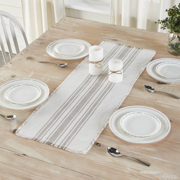 VHC Brands 36"x 12" Water Resistant Farmhouse Vintage Grey Recycled Polyester Striped Table Runner