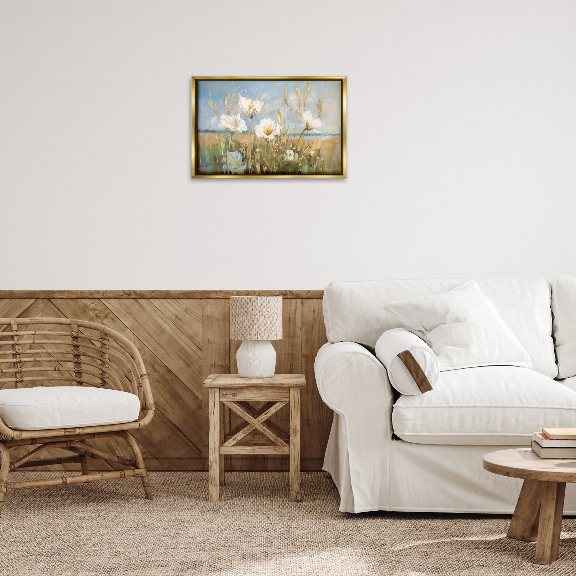 Stupell Industries Soft Seaside Wildflowers Botanical & Floral Painting Gold Floater Framed Art Print Wall Art, 25 x 17