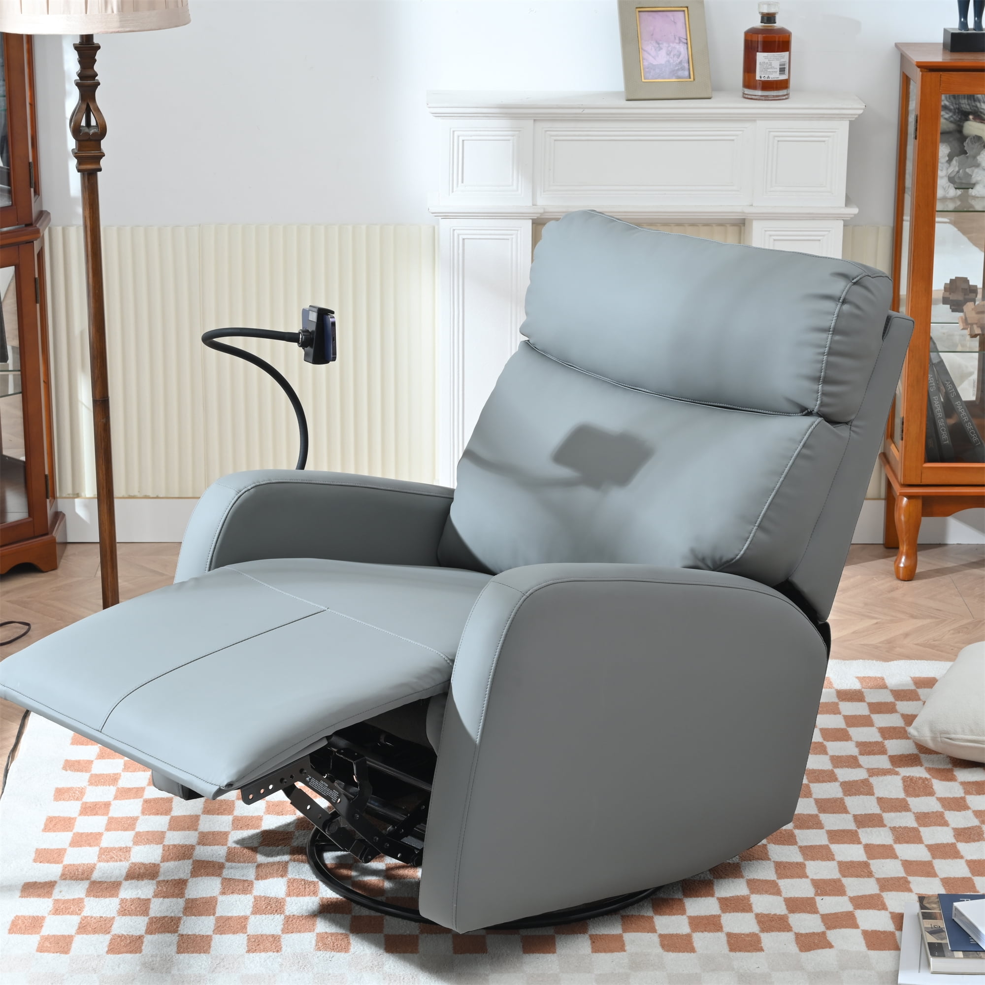 Dinosisco Swivel Recliner with Phone Holder, Faux Leather Glider Rocker, Home Theater Seat, Blue Gray