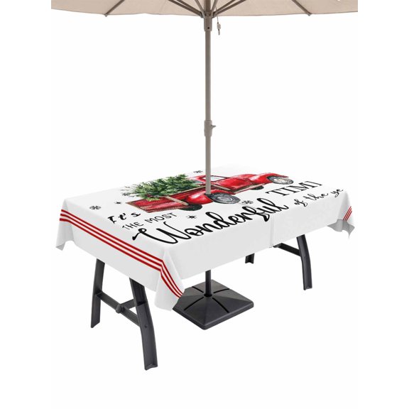 Outdoor Tablecloth with Umbrella Hole and Zipper, Christmas Rectangle Table Cloth 54x80 Inch Waterproof Tablecloth, Xmas Truck Tree Snowflake Red Striped Picnic Table Cover for Patio Camping