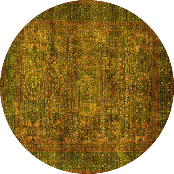 Ahgly Company Machine Washable Indoor Round Abstract Yellow Modern Area Rugs, 7' Round