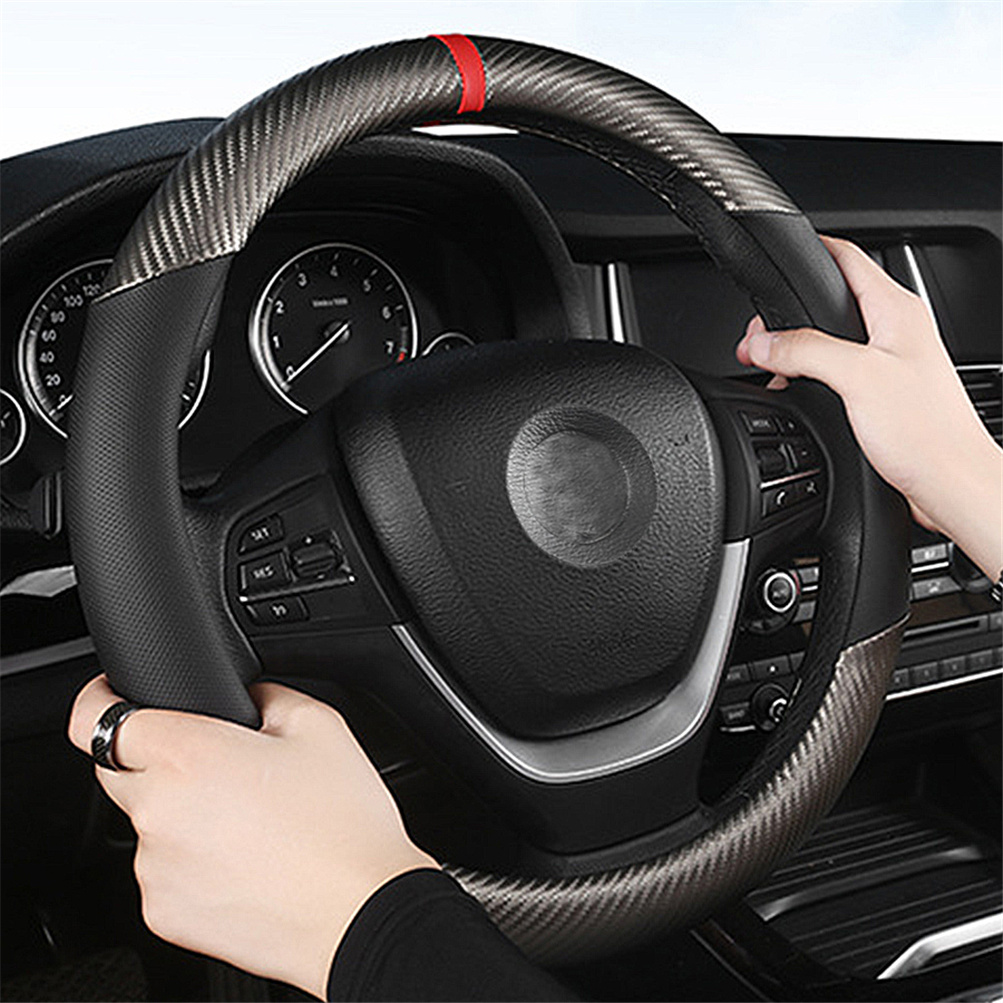 XUKEY Carbon Fiber Leather Steering Wheel Cover, Black photo 3