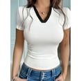 thumbnail image 6 of Womens Short Sleeve Business Casual Tops Summer V Neck Work Shirts 2025 Fitted Basic Collared Shirt White XL, 6 of 9