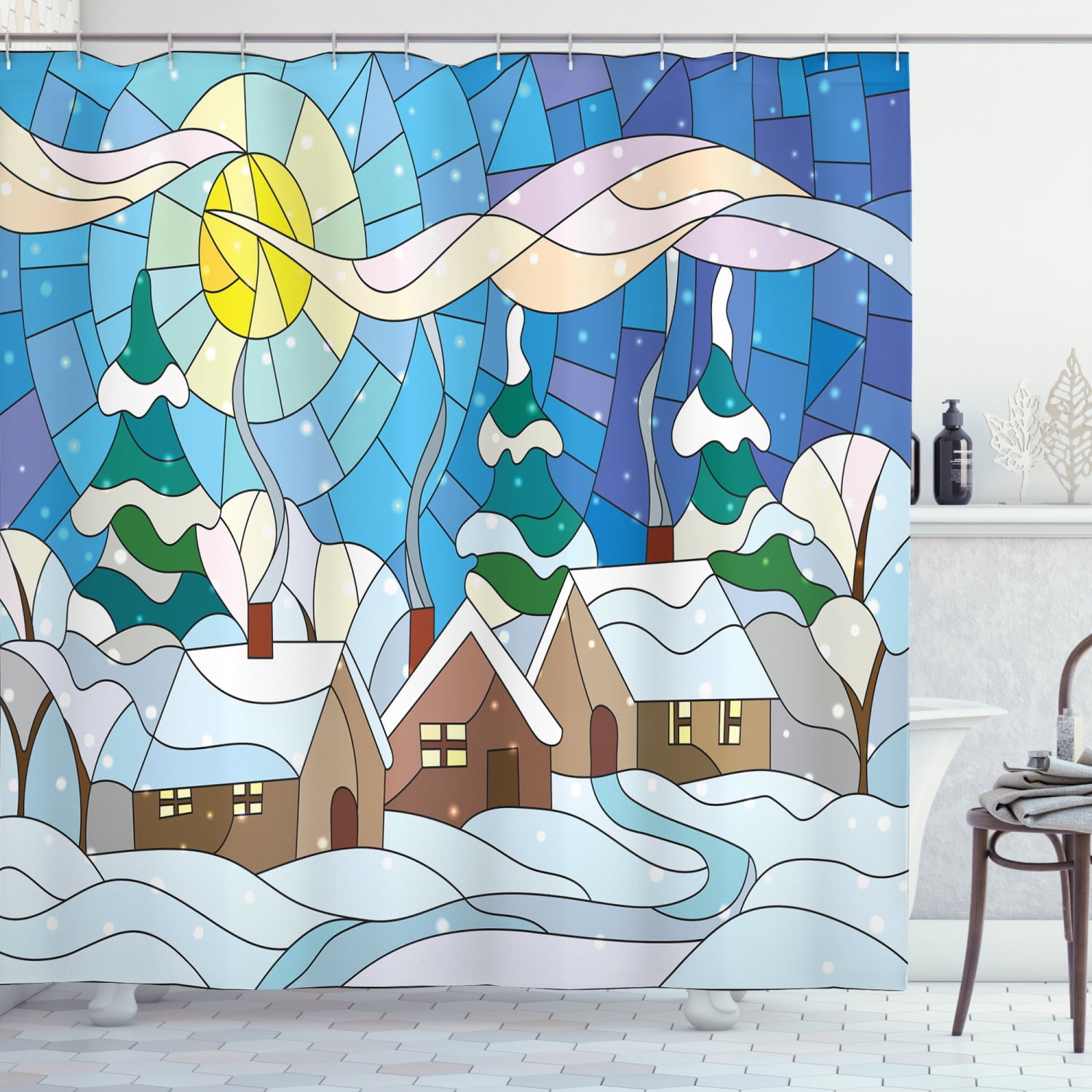 Ambesonne Winter Shower Curtain, Stained Glass Snowy Village, 69