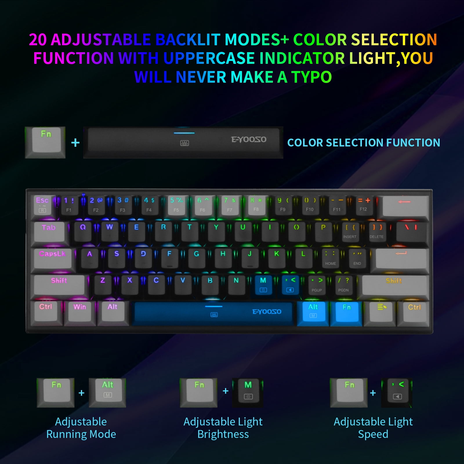 60% Wired Mechanical Gaming Keyboard, E-YOOSO RGB Backlit Ultra-Compact 61 Keys Hot Swappable Mini Waterproof Wired Office Keyboard with Blue Switches for Windows, Mac OS Gamers (Black Grey)