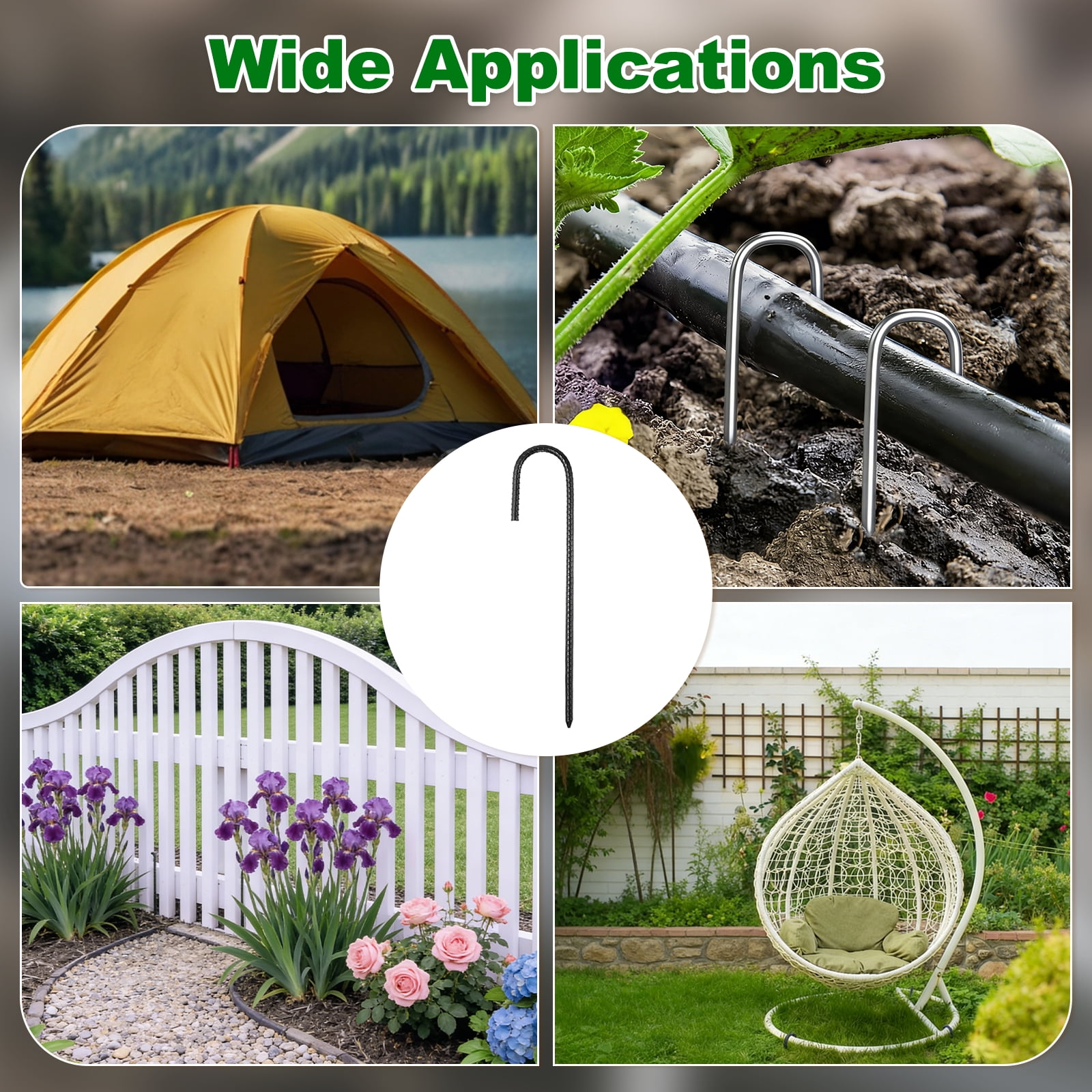10 Pack Ground Stakes Heavy Duty J Shaped Stakes, 12 Inch Steel Tent Pegs 0.31" Dia J Hook Ground Anchors Link Fence Spikes with Chisel Point End for Garden Camping Gazebo, Black