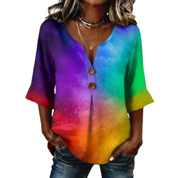 Stralyhd 3/4 Length Sleeve Womens Tops 2026 Summer Business V Neck Henley Blouses Vacation Button Down Tops Office Tie Dye Shirts Blue S