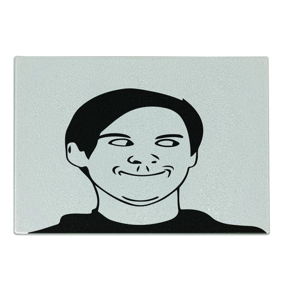 Humor Cutting Board, Irritating Troll Face Man with Cynical Expression Oh Crap Famous Fun Image Print, Decorative Tempered Glass Cutting and Serving Board, Small Size, Black and White, by Ambesonne