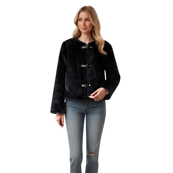 Women's Stylish Clasp Front Jacket, Long Sleeve Round Neck Short Outerwear with Welt Pockets