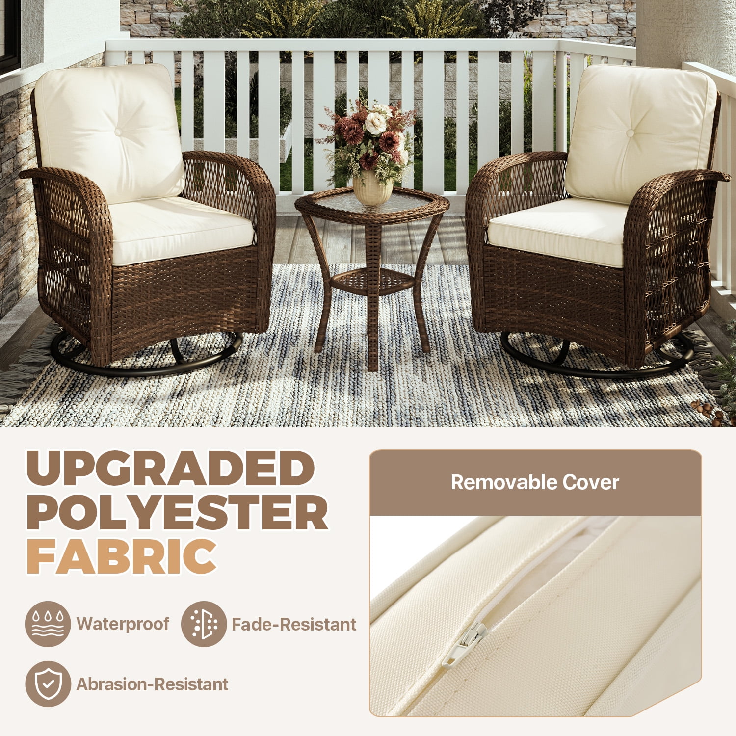 BaPiPro 3pcs Patio Furniture Set, Outdoor Rattan Swivel Gliders Rocker, Wicker Patio Bistro Set with Rocking Chair, Glass Top Side Table, Beige