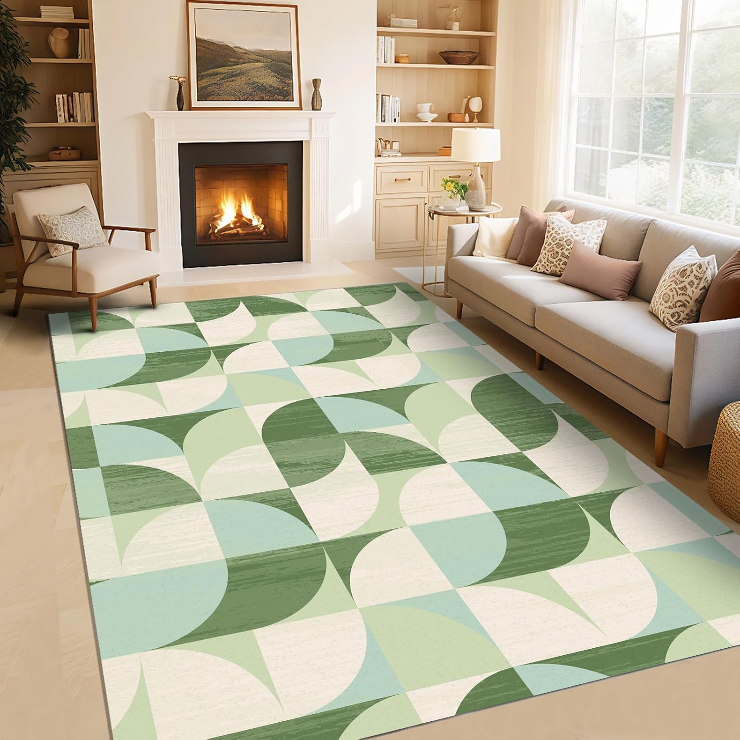 Tapis De Chambre Vert Sauge Géométrique Abstrait PAJEON 100x150 Cm - Antidérapant Et Doux