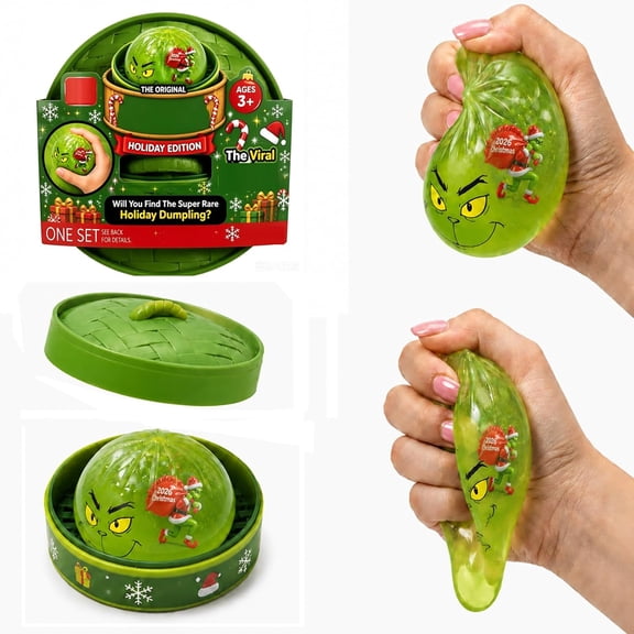 Green Monster Dumpling Squishy Toy, Holiday Mystery Squeeze Ball with Container, Sensory Stress Relief Fidget Toy for Party Favors
