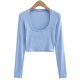 thumbnail image 1 of Camisas recortadas sexys para mujer, camiseta corta básica ajustada con cuello redondo en U de manga larga, camiseta de manga larga de color sólido, 1 of 5