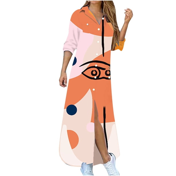 Vestido largo dividido de camisa de manga larga de un solo pecho con botón estampado de solapa informal para mujer Pompotops hdfakjf9533