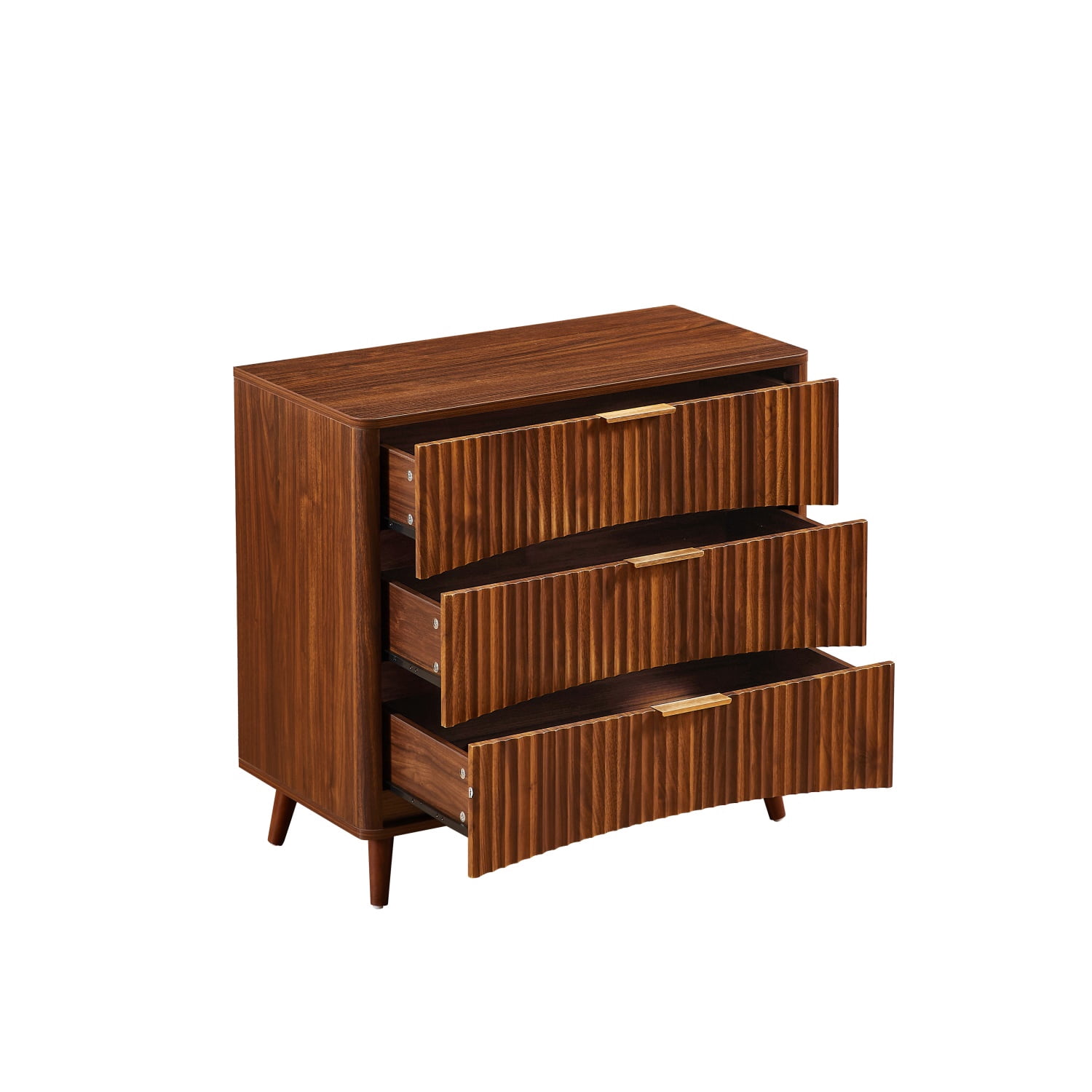 Hommoo Fluted 3-Drawer Dresser Set of 2, Mid-Century Modern Tall Chest with Vertical Grooved Design, Solid Wood-Look Particle Board & MDF Storage Cabinet for Bedroom or Living Room, Walnut